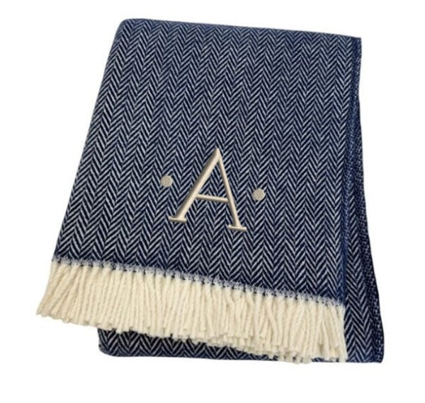 HomeRoots 55" Navy Blue White Herringbone Cotton Blend Throw Blanket with Personalized Embroidery & Tassels A 680220