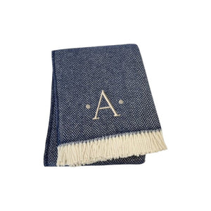HomeRoots 55" Navy Blue White Herringbone Cotton Blend Throw Blanket with Personalized Embroidery & Tassels A 680220
