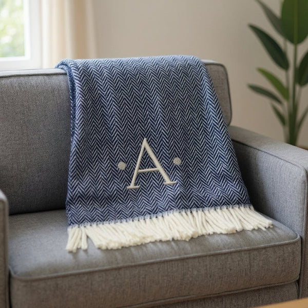 HomeRoots 55" Navy Blue White Herringbone Cotton Blend Throw Blanket with Personalized Embroidery & Tassels A 680220