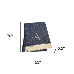 HomeRoots 55" Navy Blue White Herringbone Cotton Blend Throw Blanket with Personalized Embroidery & Tassels A 680220
