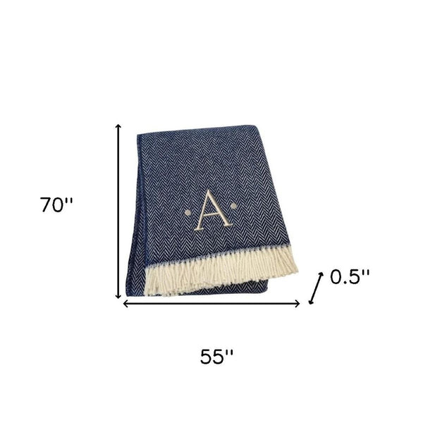 HomeRoots 55" Navy Blue White Herringbone Cotton Blend Throw Blanket with Personalized Embroidery & Tassels A 680220