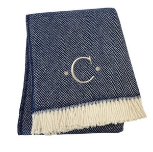 HomeRoots 55" Navy Blue White Herringbone Cotton Blend Throw Blanket with Personalized Embroidery & Tassels C 680221