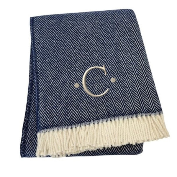 HomeRoots 55" Navy Blue White Herringbone Cotton Blend Throw Blanket with Personalized Embroidery & Tassels C 680221