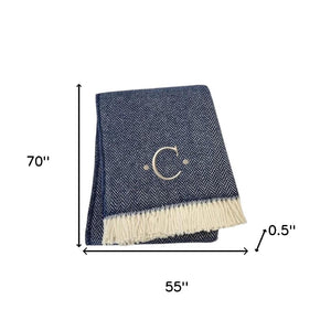 HomeRoots 55" Navy Blue White Herringbone Cotton Blend Throw Blanket with Personalized Embroidery & Tassels C 680221