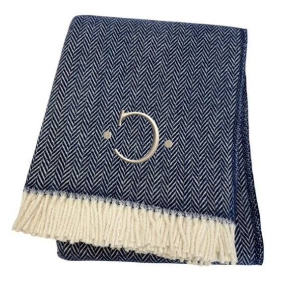 HomeRoots 55" Navy Blue White Herringbone Cotton Blend Throw Blanket with Personalized Embroidery & Tassels C 680221