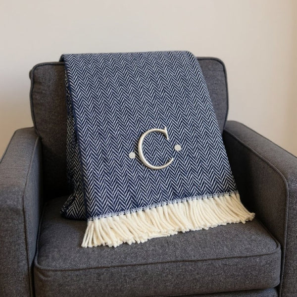 HomeRoots 55" Navy Blue White Herringbone Cotton Blend Throw Blanket with Personalized Embroidery & Tassels C 680221