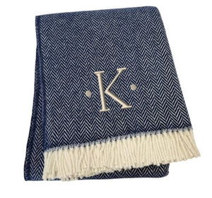 HomeRoots 55" Navy Blue White Herringbone Cotton Blend Throw Blanket with Personalized Embroidery & Tassels K 680222
