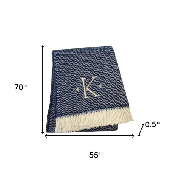 HomeRoots 55" Navy Blue White Herringbone Cotton Blend Throw Blanket with Personalized Embroidery & Tassels K 680222