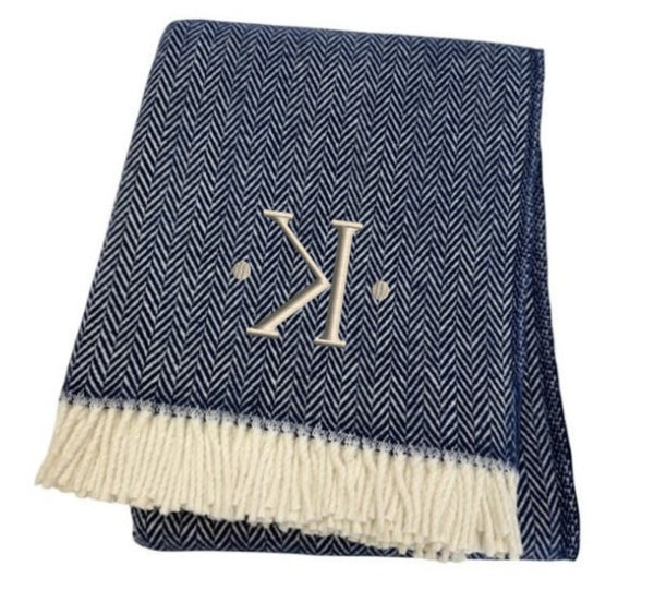 HomeRoots 55" Navy Blue White Herringbone Cotton Blend Throw Blanket with Personalized Embroidery & Tassels K 680222