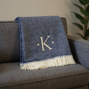 HomeRoots 55" Navy Blue White Herringbone Cotton Blend Throw Blanket with Personalized Embroidery & Tassels K 680222