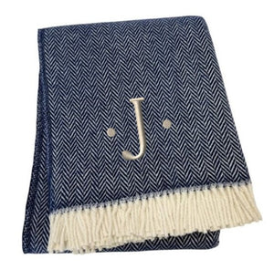 HomeRoots 55" Navy Blue White Herringbone Cotton Blend Throw Blanket with Personalized Embroidery & Tassels J 680223