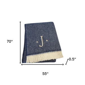 HomeRoots 55" Navy Blue White Herringbone Cotton Blend Throw Blanket with Personalized Embroidery & Tassels J 680223