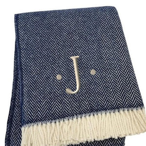 HomeRoots 55" Navy Blue White Herringbone Cotton Blend Throw Blanket with Personalized Embroidery & Tassels J 680223