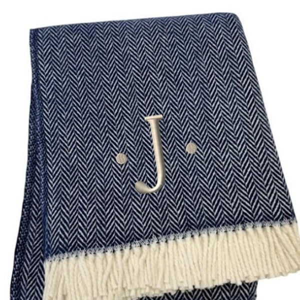 HomeRoots 55" Navy Blue White Herringbone Cotton Blend Throw Blanket with Personalized Embroidery & Tassels J 680223