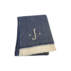 HomeRoots 55" Navy Blue White Herringbone Cotton Blend Throw Blanket with Personalized Embroidery & Tassels J 680223