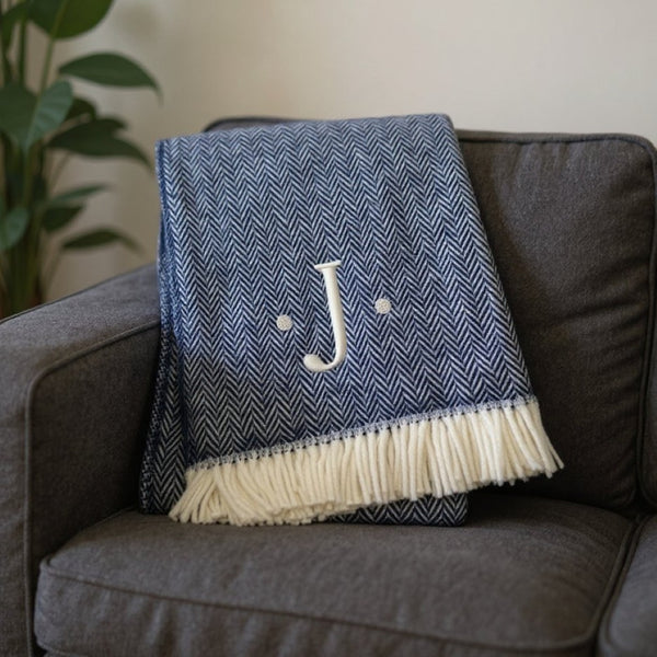 HomeRoots 55" Navy Blue White Herringbone Cotton Blend Throw Blanket with Personalized Embroidery & Tassels J 680223