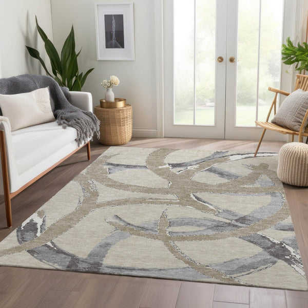 HomeRoots 5' X 8' Abstract Beige Taupe & Gray Washable Area Rug - Stain-Resistant, UV-Protected, Modern Design 680225