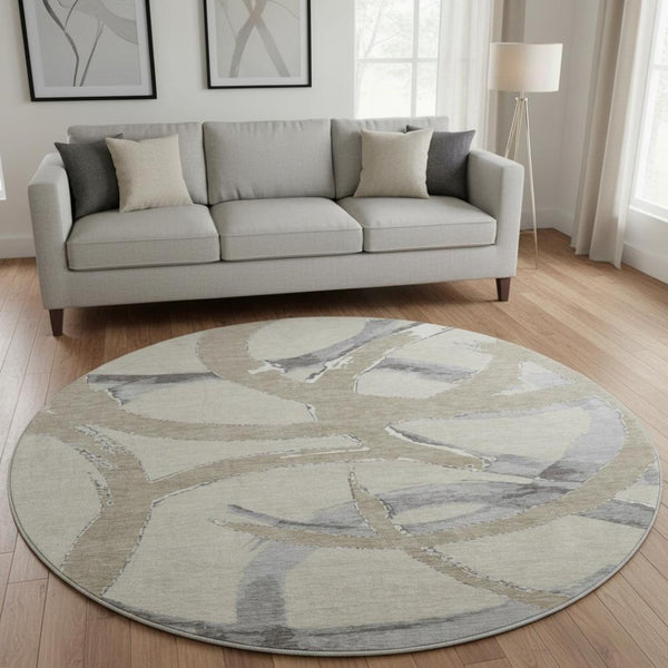 HomeRoots 8' Beige Taupe & Gray Abstract Round Rug - Washable, UV-Protected, Pet-Friendly, Modern Design 680226