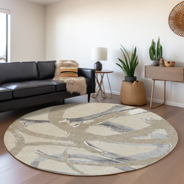 HomeRoots 8' Beige Taupe & Gray Abstract Round Rug - Washable, UV-Protected, Pet-Friendly, Modern Design 680226
