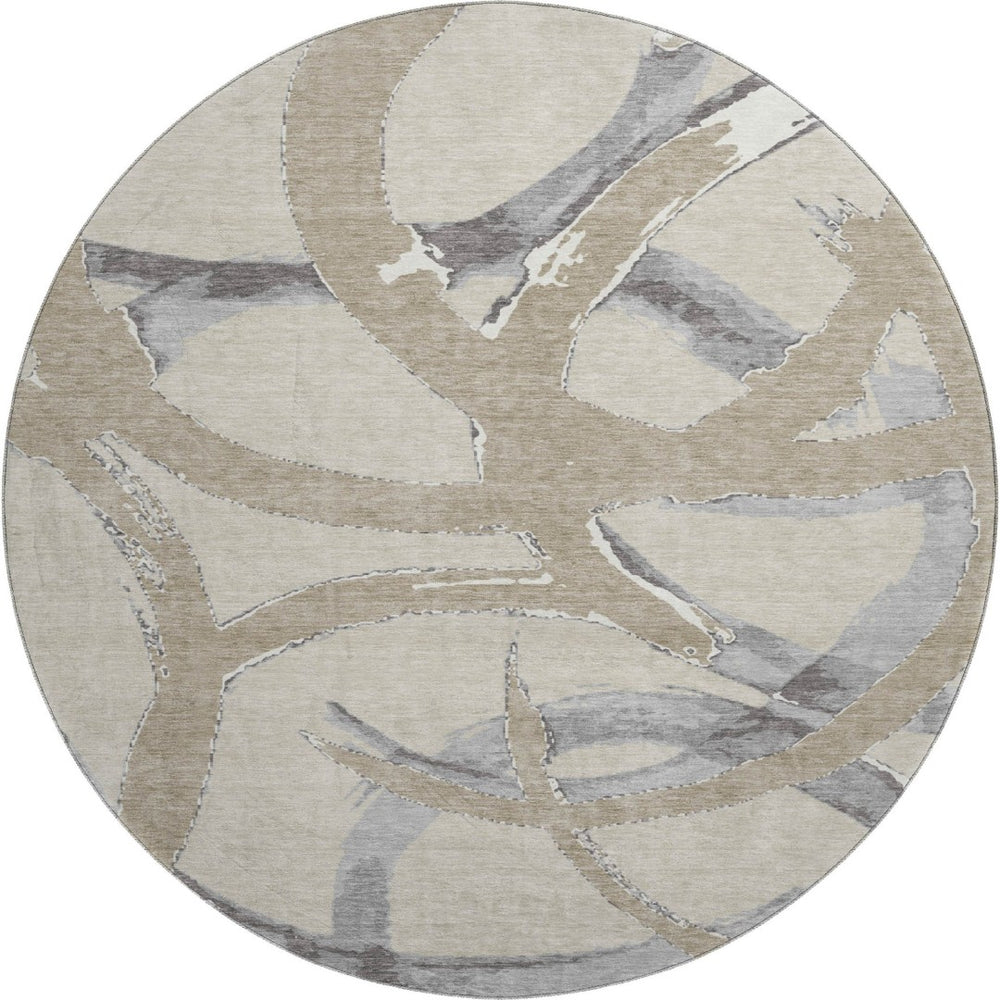 HomeRoots 8' Beige Taupe & Gray Abstract Round Rug - Washable, UV-Protected, Pet-Friendly, Modern Design 680226