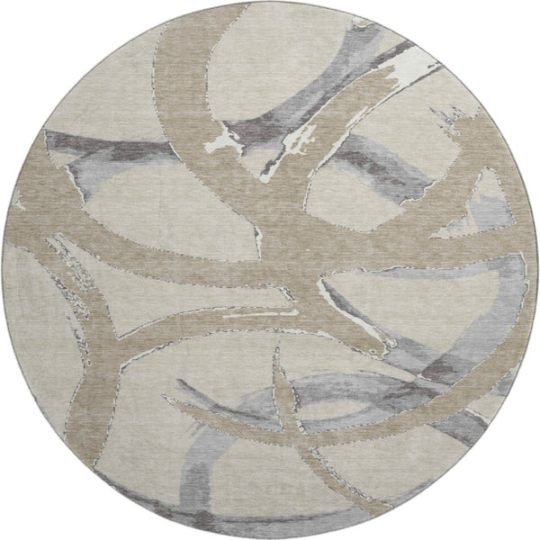 HomeRoots 8' Beige Taupe & Gray Abstract Round Rug - Washable, UV-Protected, Pet-Friendly, Modern Design 680226