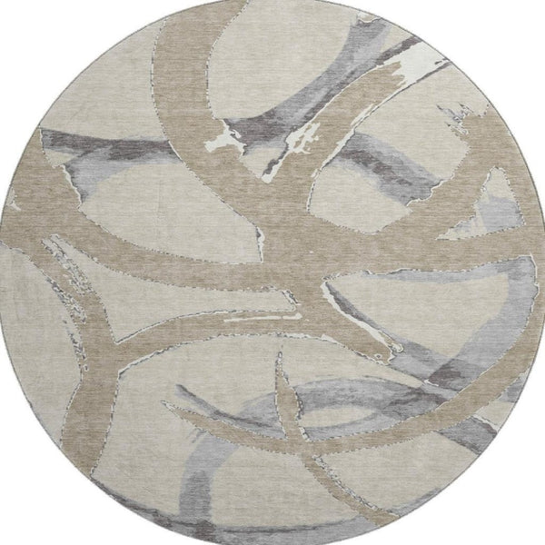 HomeRoots 8' Beige Taupe & Gray Abstract Round Rug - Washable, UV-Protected, Pet-Friendly, Modern Design 680226