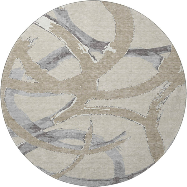 HomeRoots 8' Beige Taupe & Gray Abstract Round Rug - Washable, UV-Protected, Pet-Friendly, Modern Design 680226