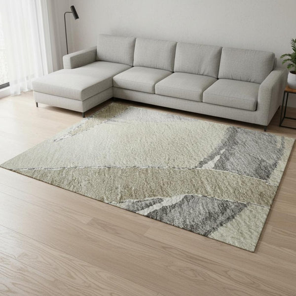 HomeRoots 9' X 12' Beige Taupe Gray Abstract Washable Area Rug - Durable, UV-Protected, Modern Art for Homes 680228