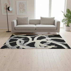 HomeRoots 5' X 8' Contemporary Black Ivory Gray Abstract Area Rug - Washable, UV Protected, Durable Design 680231
