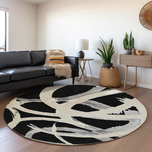 HomeRoots 8' Modern Abstract Black, Ivory & Gray Washable Round Rug with UV Protection for High-Traffic Areas 680232