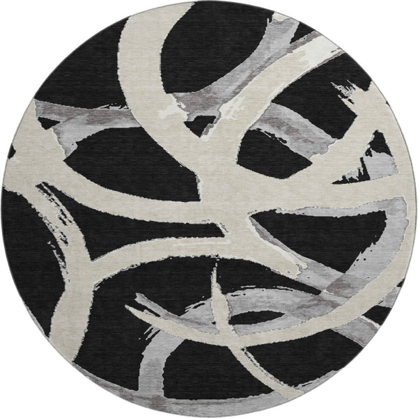 HomeRoots 8' Modern Abstract Black, Ivory & Gray Washable Round Rug with UV Protection for High-Traffic Areas 680232