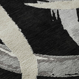 HomeRoots 8' Modern Abstract Black, Ivory & Gray Washable Round Rug with UV Protection for High-Traffic Areas 680232