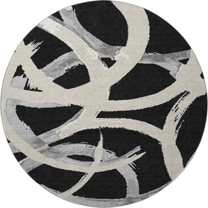 HomeRoots 8' Modern Abstract Black, Ivory & Gray Washable Round Rug with UV Protection for High-Traffic Areas 680232