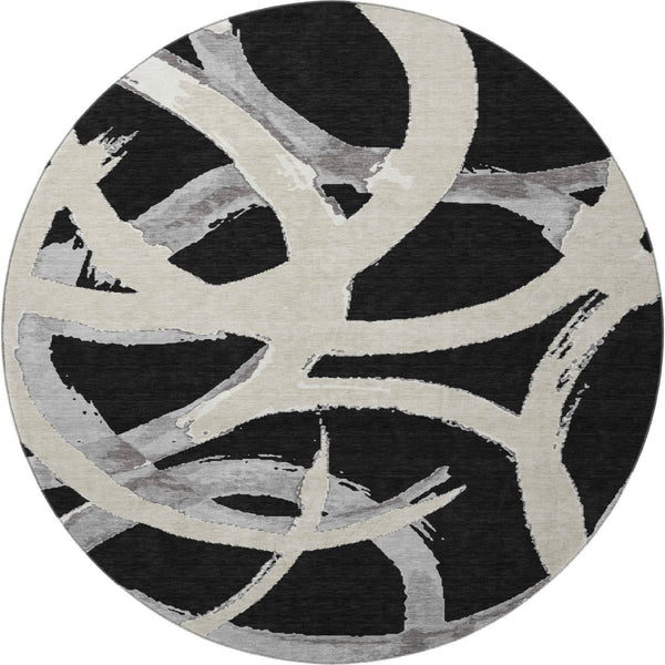 HomeRoots 8' Modern Abstract Black, Ivory & Gray Washable Round Rug with UV Protection for High-Traffic Areas 680232