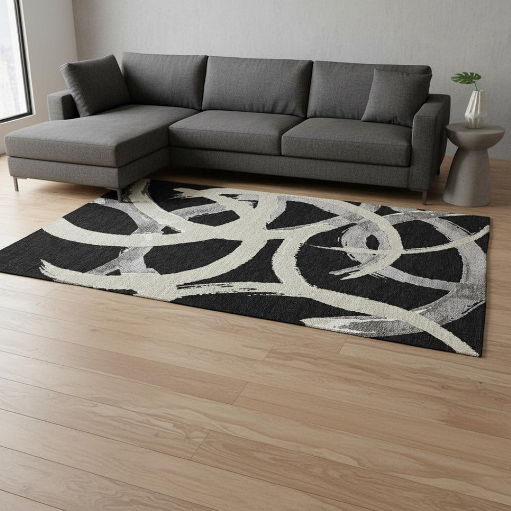 HomeRoots 9' X 12' Abstract Washable Area Rug in Black, Ivory & Gray - Durable, UV-Protected & Stylish Decor 680234