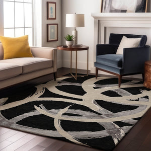 HomeRoots 9' X 12' Abstract Washable Area Rug in Black, Ivory & Gray - Durable, UV-Protected & Stylish Decor 680234