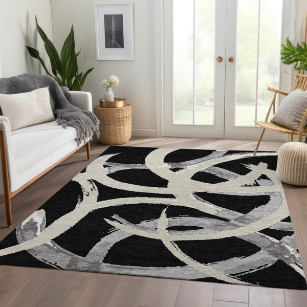 HomeRoots 9' X 12' Abstract Washable Area Rug in Black, Ivory & Gray - Durable, UV-Protected & Stylish Decor 680234
