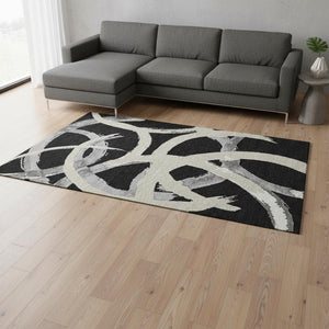 HomeRoots 10' X 14' Abstract Washable Area Rug in Black, Ivory & Gray – Stylish, Durable, UV Protected Design 680235