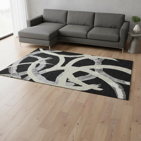 HomeRoots 10' X 14' Abstract Washable Area Rug in Black, Ivory & Gray – Stylish, Durable, UV Protected Design 680235
