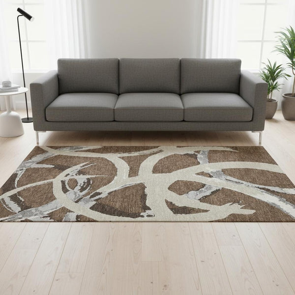 HomeRoots 5' X 8' Washable Abstract Area Rug in Brown, Beige, and Gray - UV Protected, Durable, Easy Care! 680237