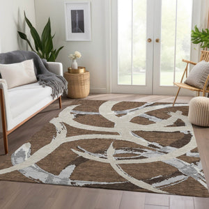HomeRoots 5' X 8' Washable Abstract Area Rug in Brown, Beige, and Gray - UV Protected, Durable, Easy Care! 680237