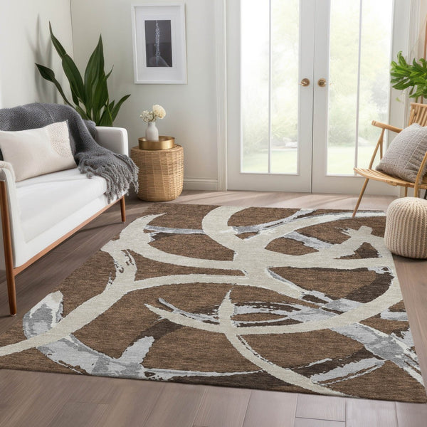 HomeRoots 5' X 8' Washable Abstract Area Rug in Brown, Beige, and Gray - UV Protected, Durable, Easy Care! 680237