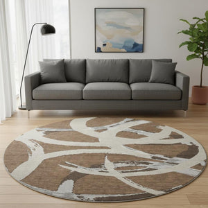 HomeRoots 8' Abstract Round Rug in Brown, Beige & Gray - Washable, UV-Protected, Non-Slip for Every Space! 680238