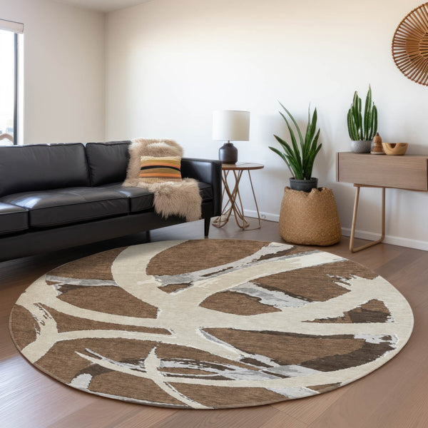 HomeRoots 8' Abstract Round Rug in Brown, Beige & Gray - Washable, UV-Protected, Non-Slip for Every Space! 680238