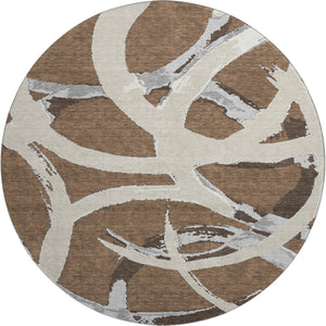HomeRoots 8' Abstract Round Rug in Brown, Beige & Gray - Washable, UV-Protected, Non-Slip for Every Space! 680238