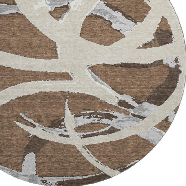 HomeRoots 8' Abstract Round Rug in Brown, Beige & Gray - Washable, UV-Protected, Non-Slip for Every Space! 680238