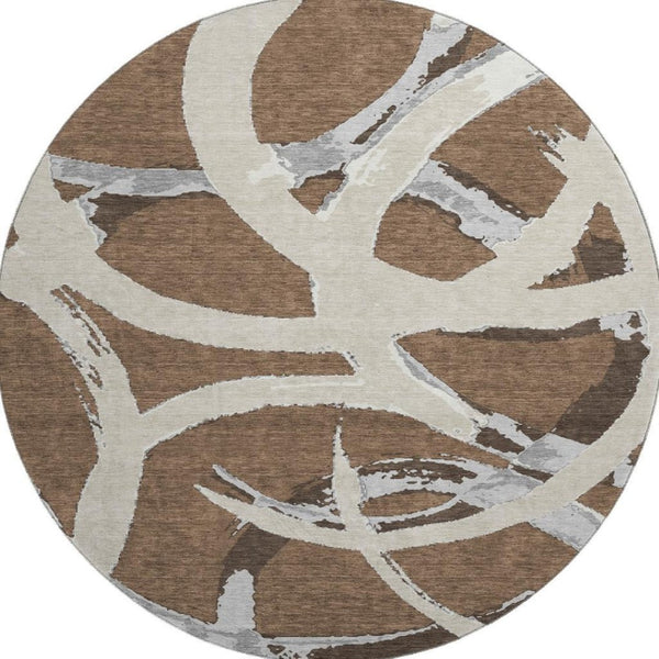 HomeRoots 8' Abstract Round Rug in Brown, Beige & Gray - Washable, UV-Protected, Non-Slip for Every Space! 680238