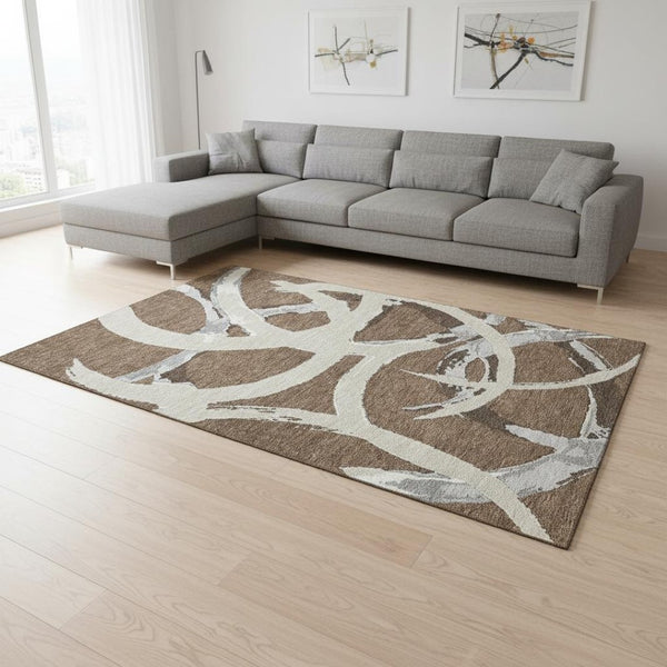 HomeRoots 8' X 10' Washable Area Rug in Brown, Beige & Gray - UV Protected, Soft, Stain-Resistant & Durable 680239