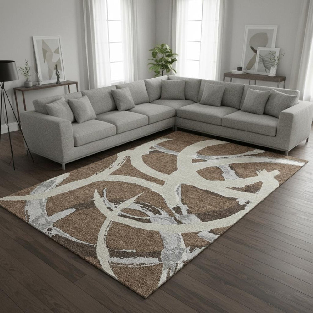 HomeRoots 9' Contemporary Abstract Washable Area Rug in Brown, Beige & Gray - UV Protected & Stain-Resistant! 680240