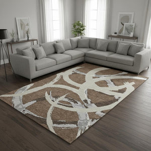 HomeRoots 9' Contemporary Abstract Washable Area Rug in Brown, Beige & Gray - UV Protected & Stain-Resistant! 680240